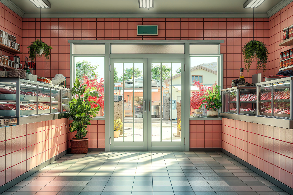 ilustrasi pintu sliding aluminium untuk minimarket dan toko di Bali